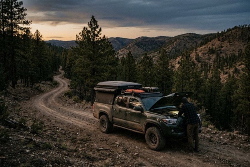 Pickup stopped on a remote forest dirt road at dusk